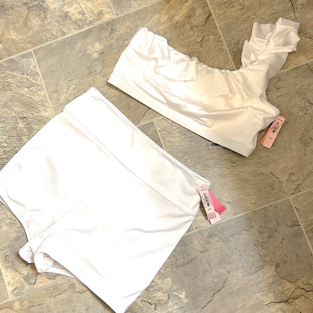Victoria’s Secret bathing suit two piece one shoulder ruffle boy swim shorts NWT